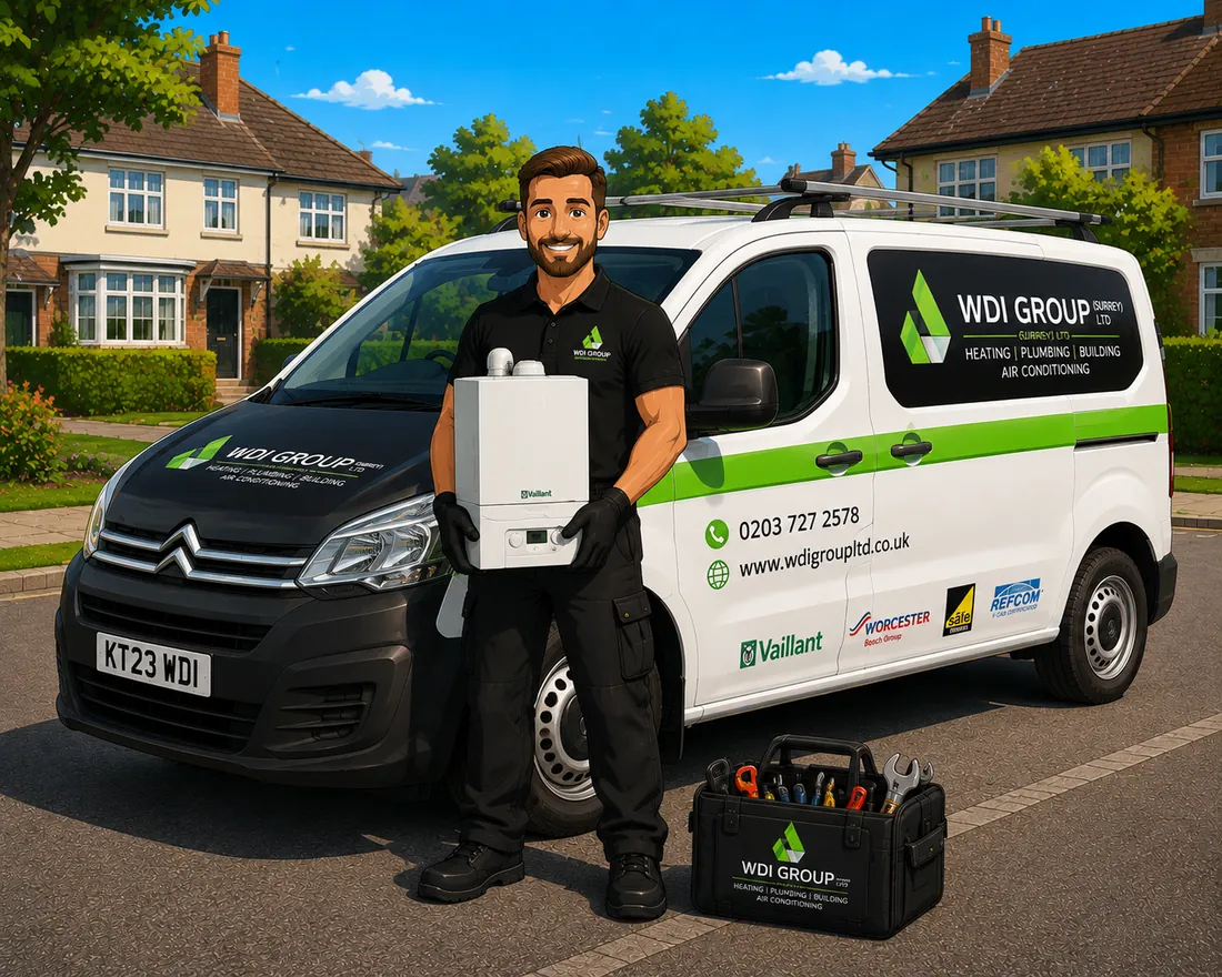 Gas Safe registered WDI Group heating engineer holding a replacement combi boiler beside a branded van