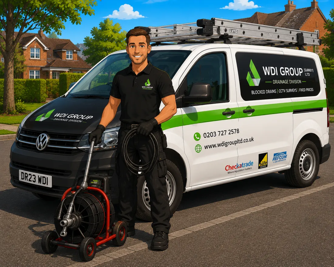 WDI Group drainage engineer with drain clearing equipment beside a branded drainage division van