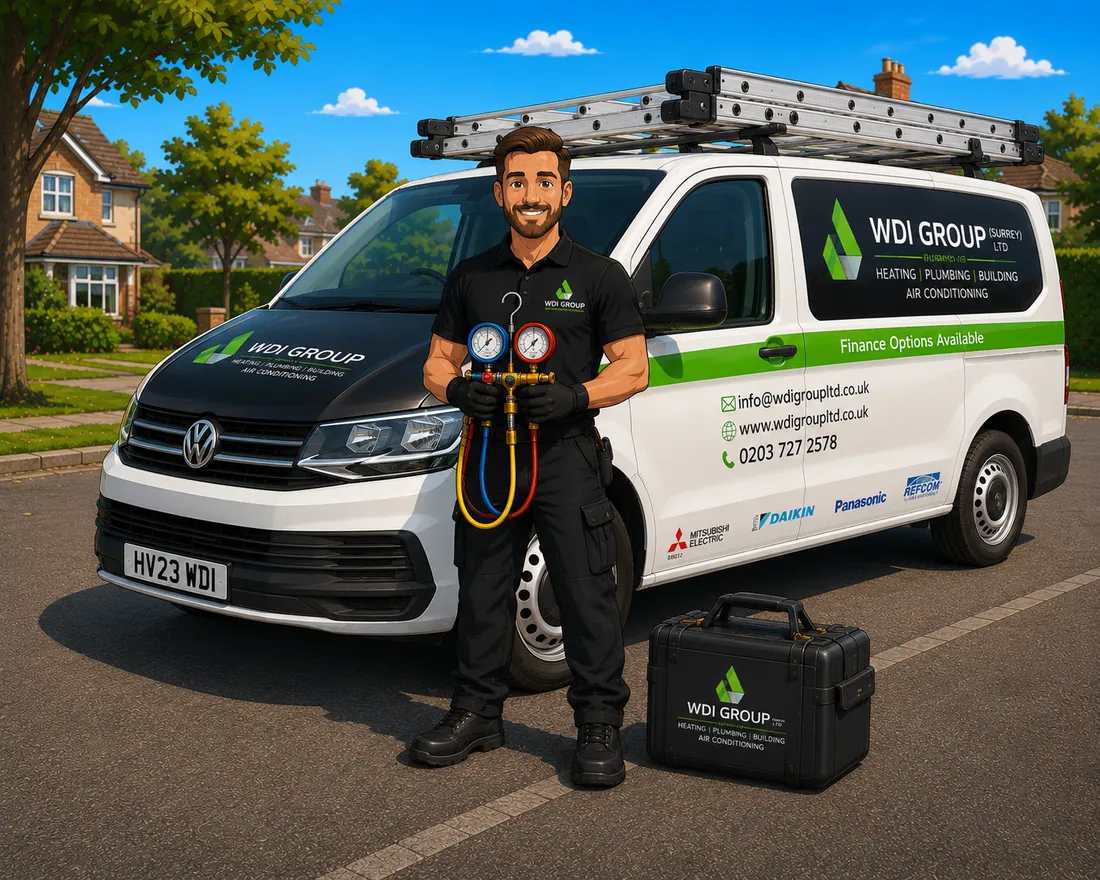 WDI Group air conditioning engineer holding refrigerant gauges beside a branded van