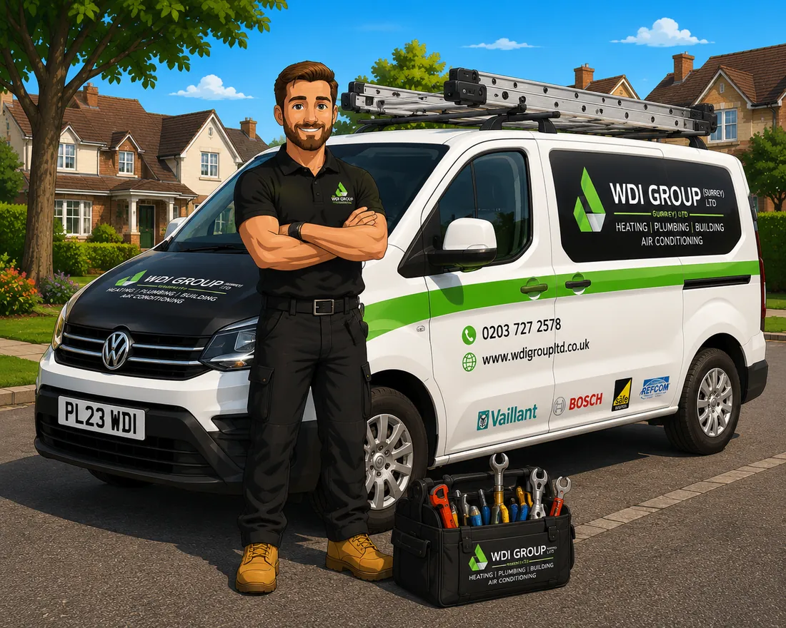 WDI Group plumber with a branded van outside a Cheam property