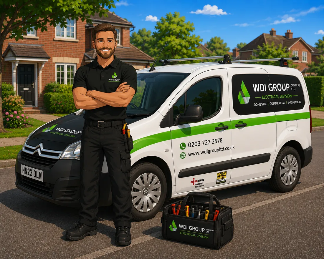 NICEIC approved WDI Group electrician beside a branded electrical division van