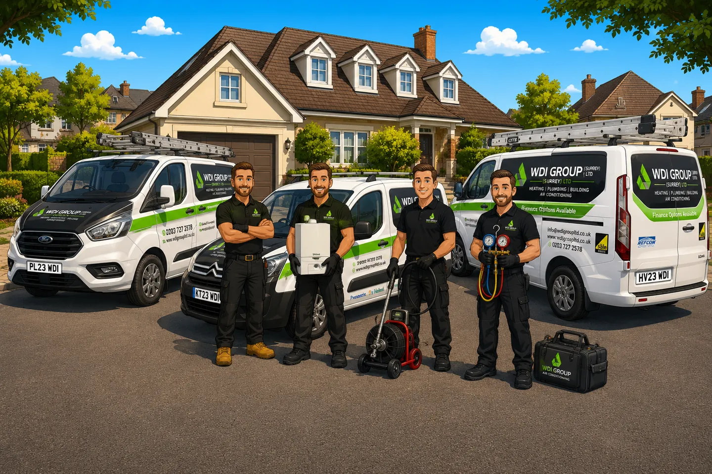 WDI Group (Surrey) Ltd plumbing, heating, drainage and air conditioning engineers with their branded vans outside a Cheam home